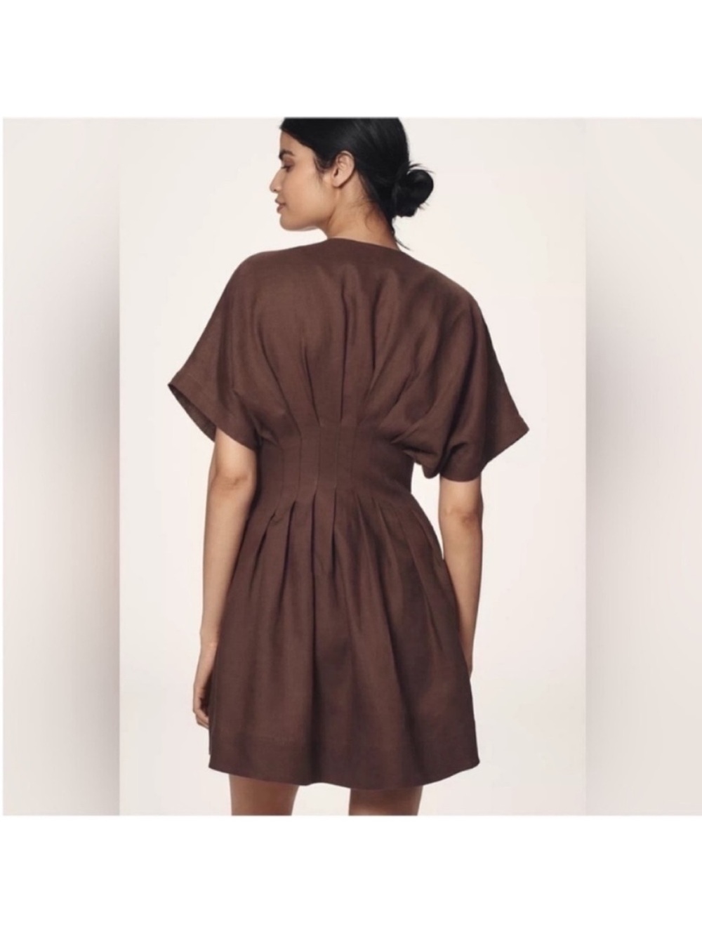 Anthropologie Exquise Brown linen Button-Front Waist-Defined Mini Dress - Picture 2 of 7